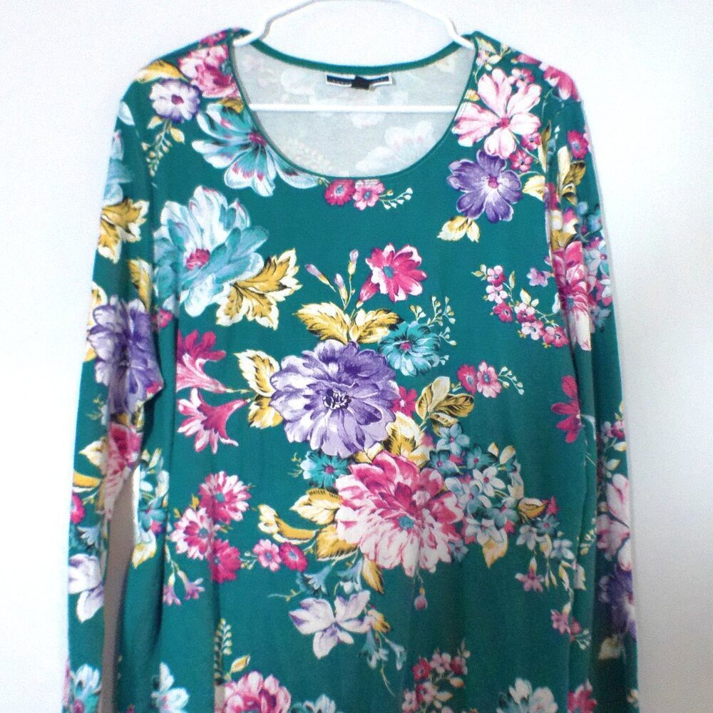 Karen Scott Floral Long Sleeve Top – Women’s XXL Green Pink Cotton Blend